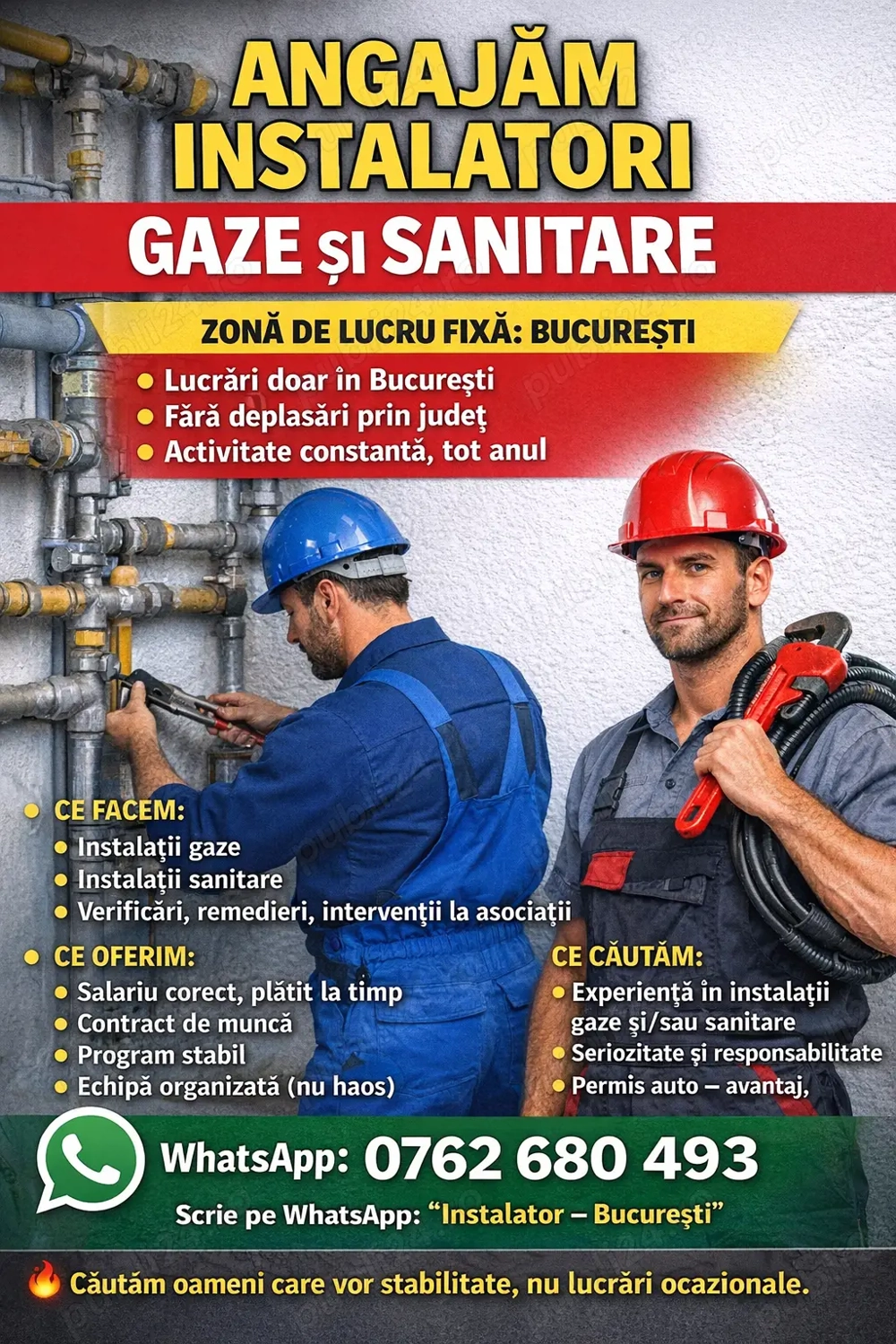  Angajam Instalatori - Instalatii gaze si sanitare in Bucuresti