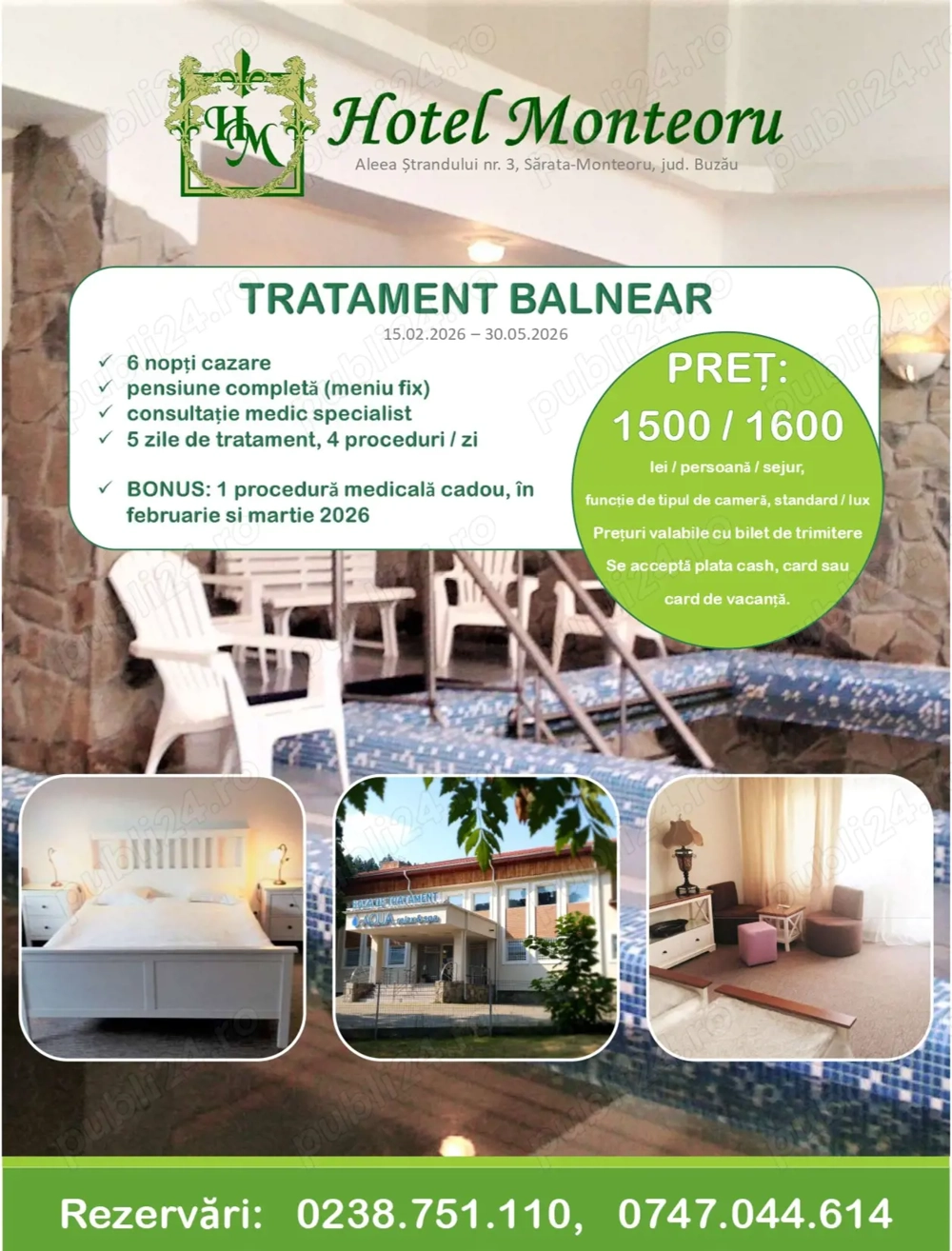 Tratament balnear si recuperare medicala la Hotel Monteoru, Sarata Monteoru, jud. Buzau