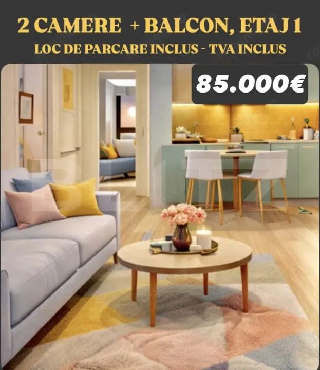 Apartament 2 camere 47 mp, 1 Terasa,  7,5 mp,1 Loc de parcare, TVA INCLUS, 