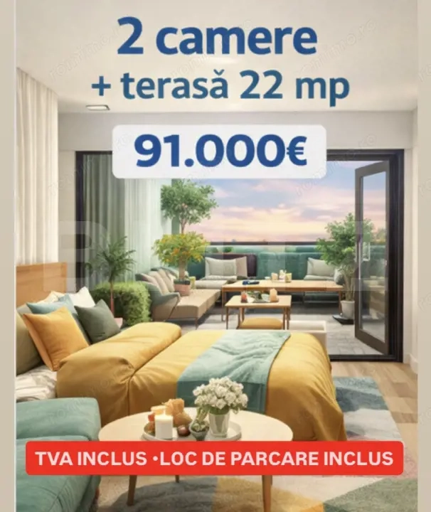 Apartament cu 2 camere + GRADINA 22 mp, TVA INCLUS