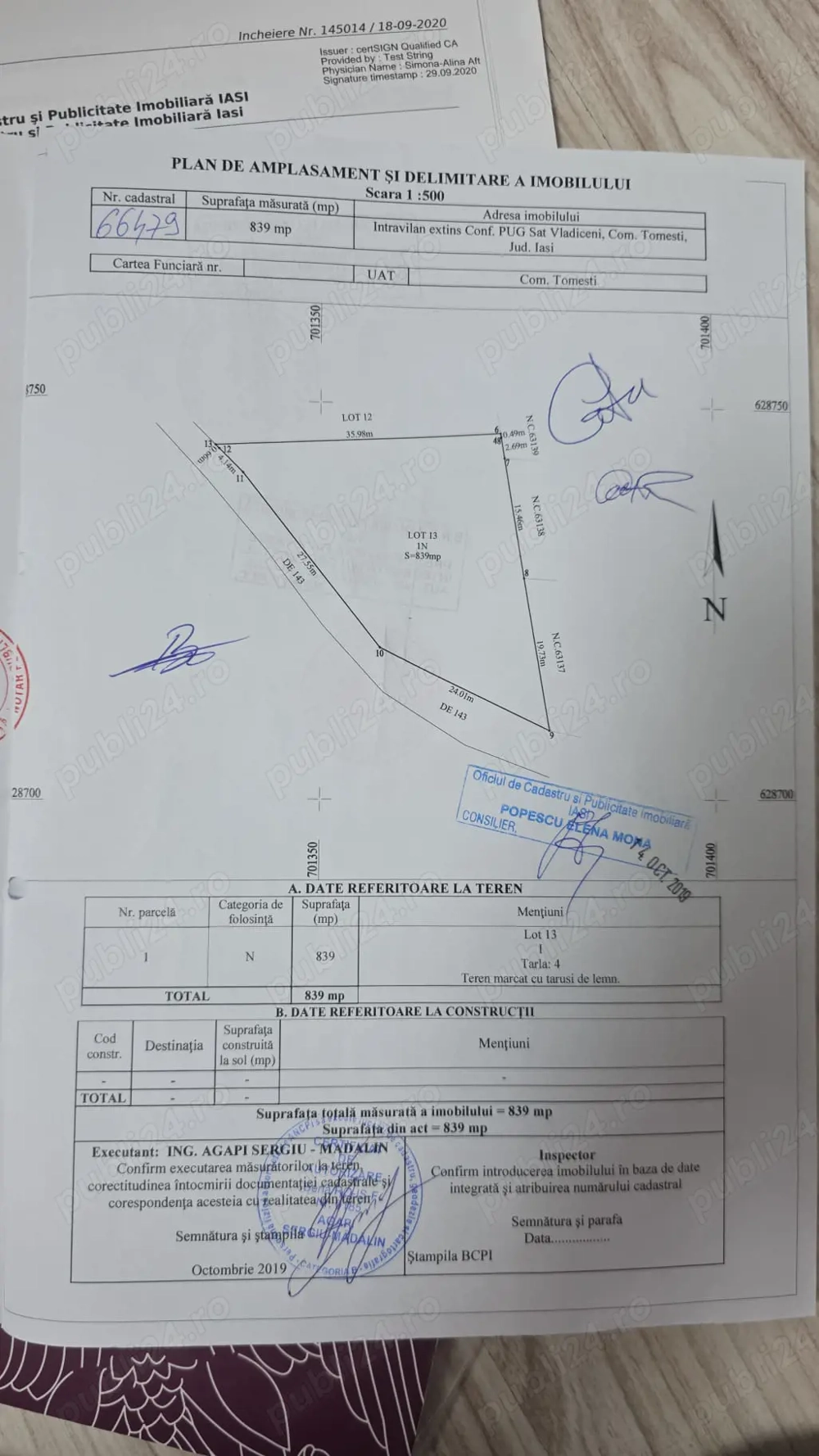 Teren intravilan de vânzare   Vlădiceni, Iași | 839 mp | Front stradal 27 ml