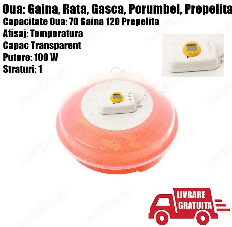 Incubator Clocitoare Electric 70 Oua Ou Pui Gaina Gasca Rata 120 Prepelita Afisaj Temperatura + LIVR