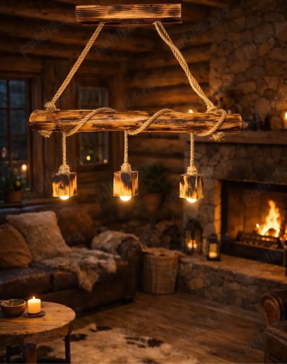 candelabru rustic din lemn ars handmade