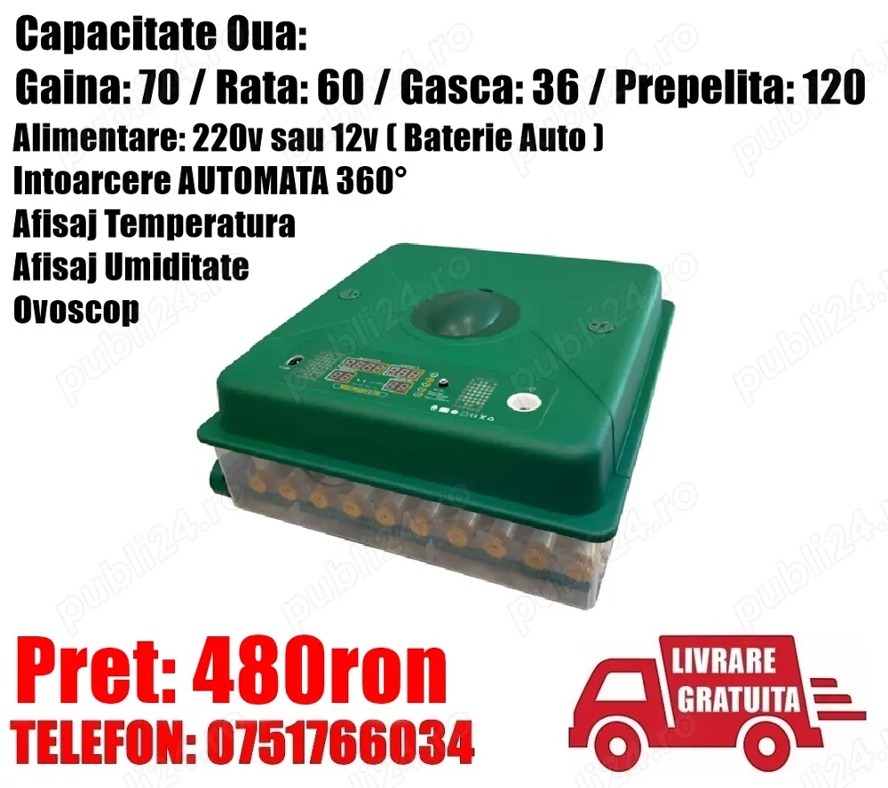 Incubator Clocitoare 70 Oua Gaina Rata Gasca Prepelite Pui Dispozitiv Intoarcere Automata Ovoscop Li