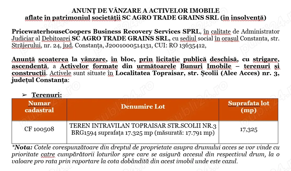 Anunt de Vanzare a Activelor Imobile  aflate în patrimoniul societăţii SC Agro Trade Grains SRL