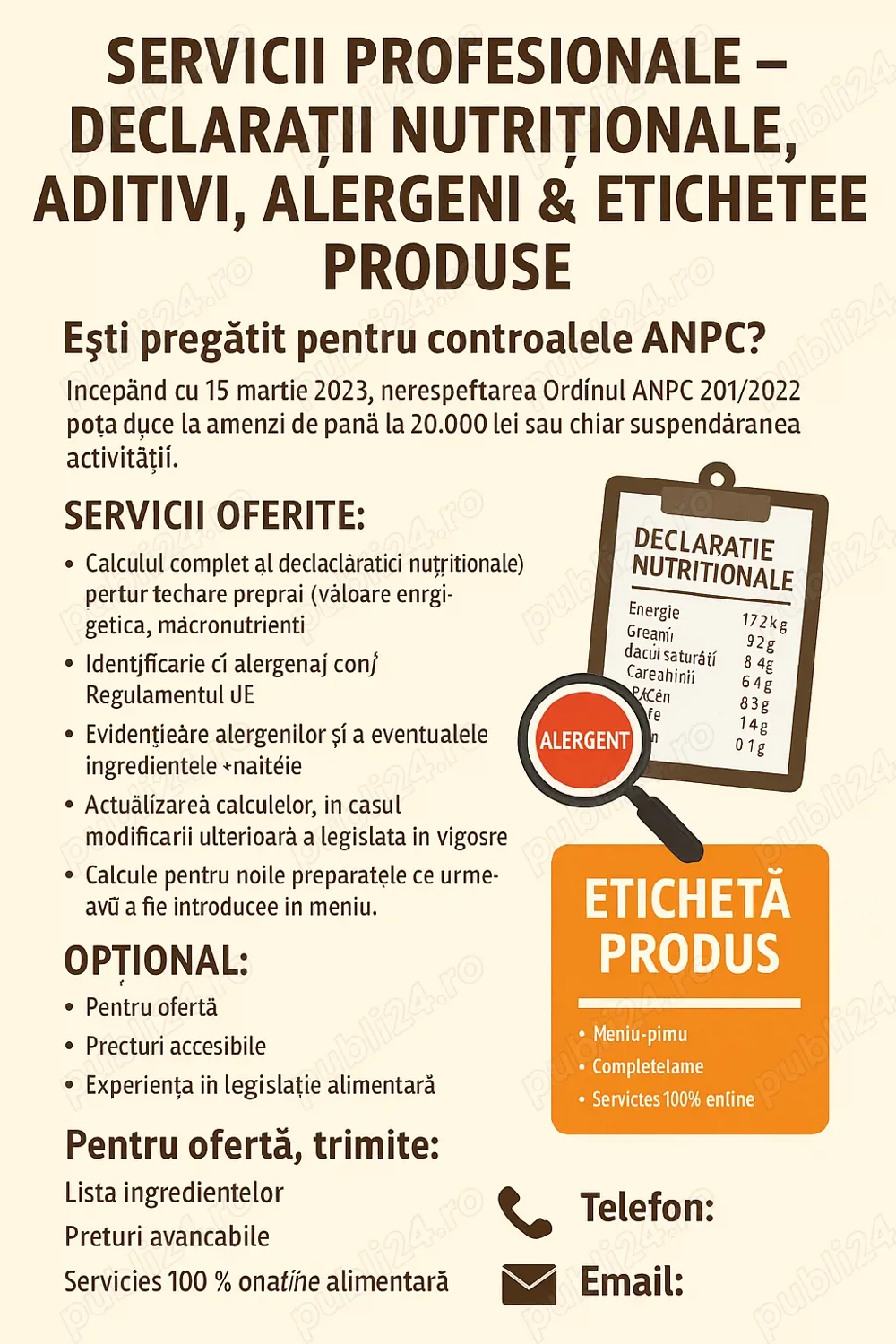 Declarații nutriționale, aditivi, alergeni, etichete   servicii profesionale