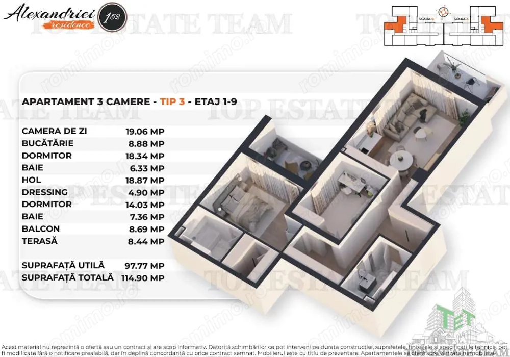 Apartament 3 Camere cu dressing, terasa si balcon, Zona Rahova