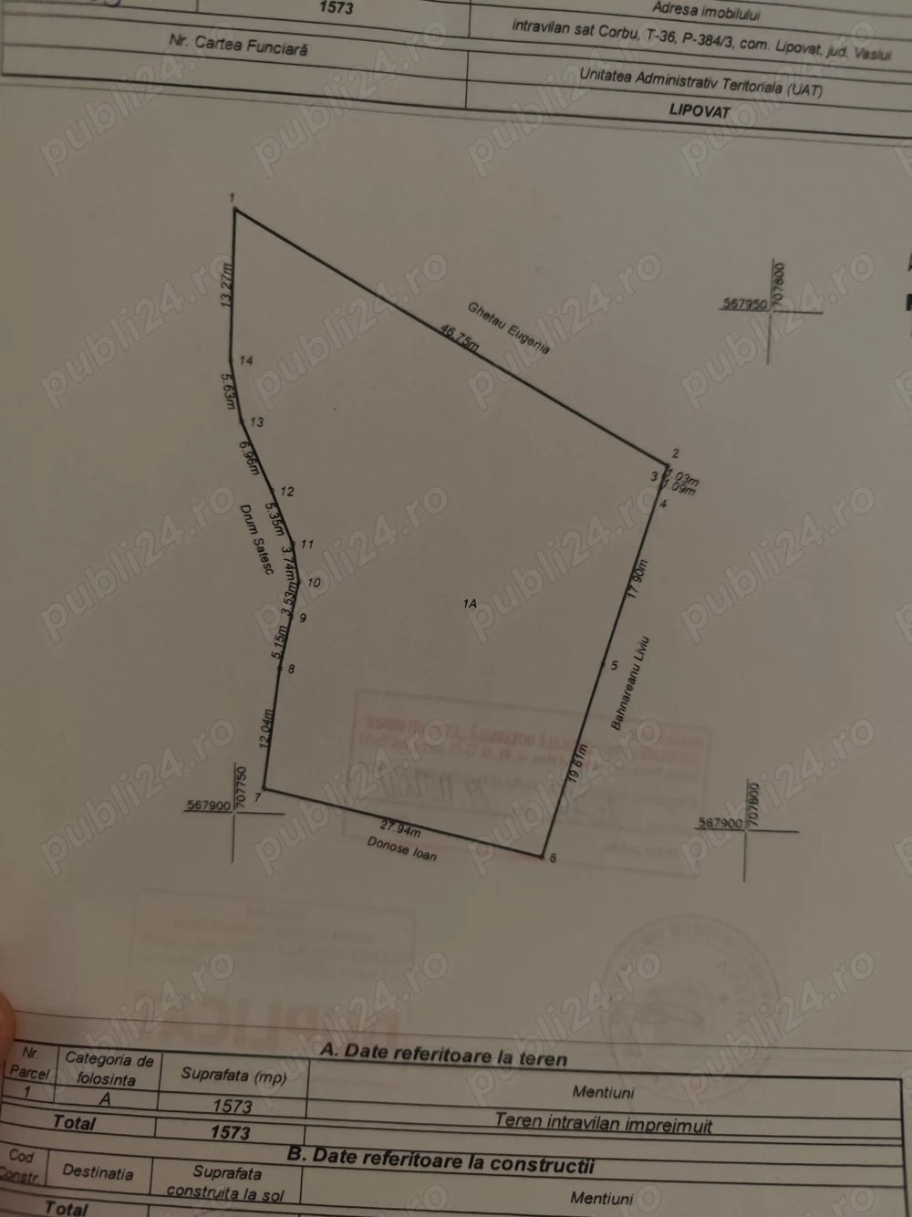 Vând teren intravilan in loc. Corbu, com. Lipovăț, județ Vaslui 