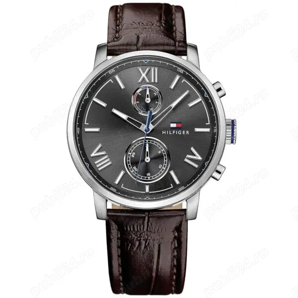 Ceas Tommy Hilfiger barbatesc 1791309 (Alden), carcasa inox argintiu, 44mm, curea maro piele
