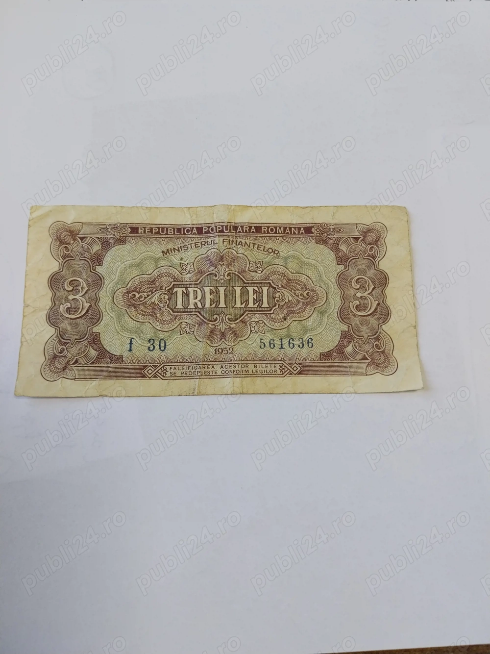 bancnota veche  de 3 lei 1952