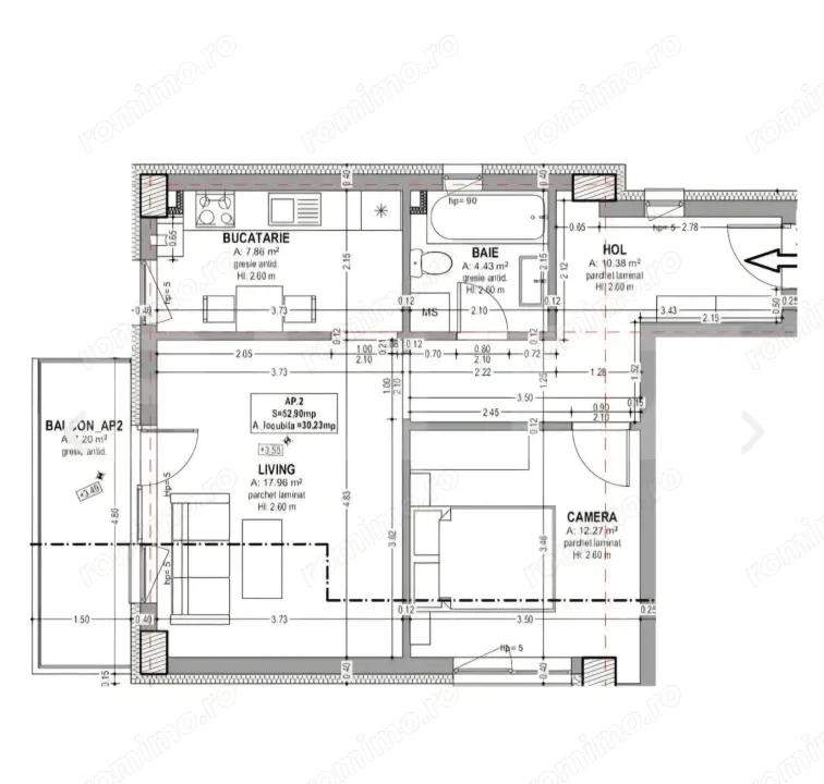 Apartament 2 camere, 52.95 mp, Sud-Vest, Central 