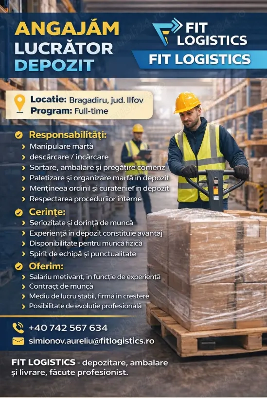  FIT LOGISTICS angajează Lucrător Depozit   Bragadiru 