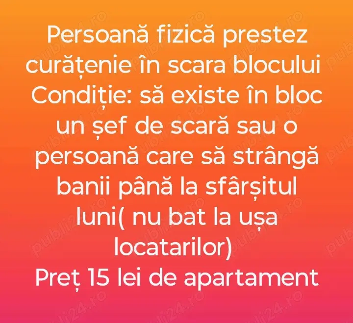 persoană fizică prestez curățeniei în scara blocului Baia Mare 