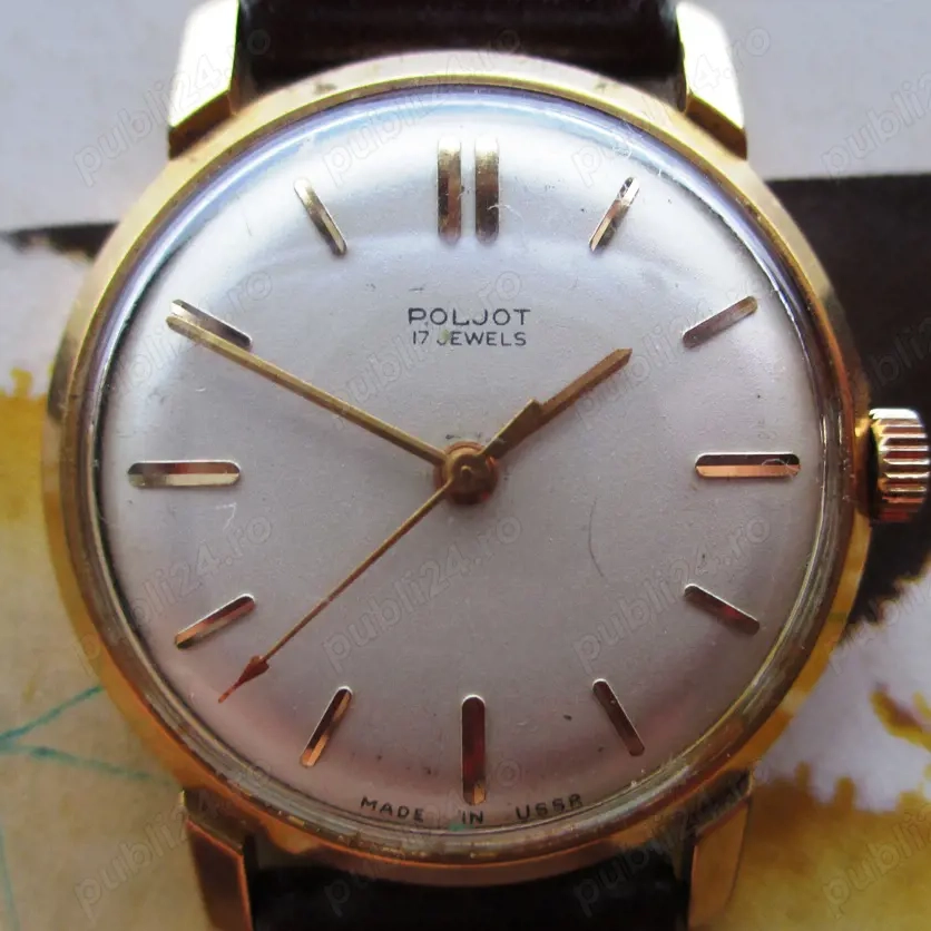 Ceas Poljot placat aur 22 karate strat 26 microni mecanism 2409 seria 4429089, fabricat 1965-1966