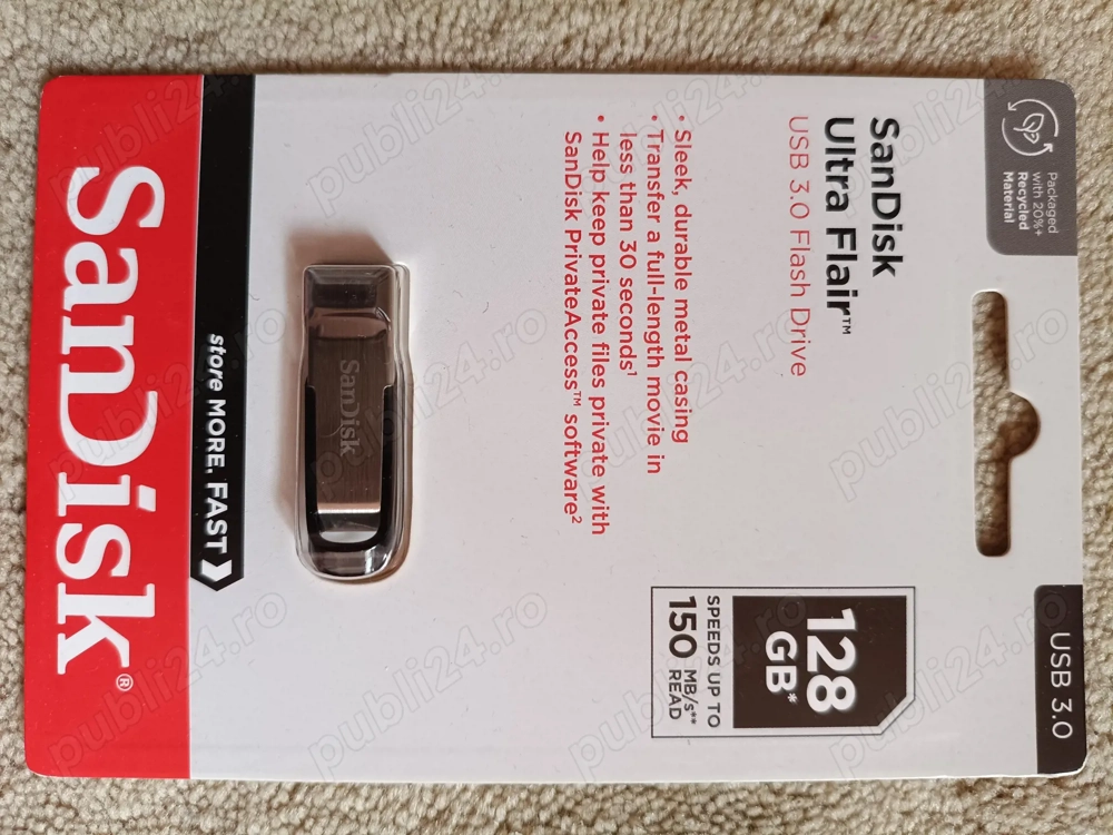 Stick SanDisk Ultra Flair 128 GB, USB-A 3.2 Gen 1, high speed 150 MBs, METALIC - NOU, SIGILAT