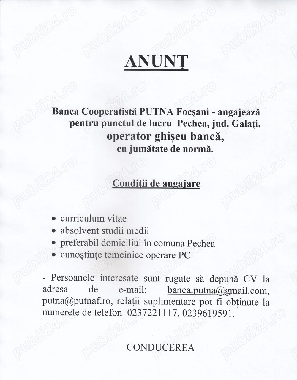 Operator ghișeu bancă Punct de lucru Pechea