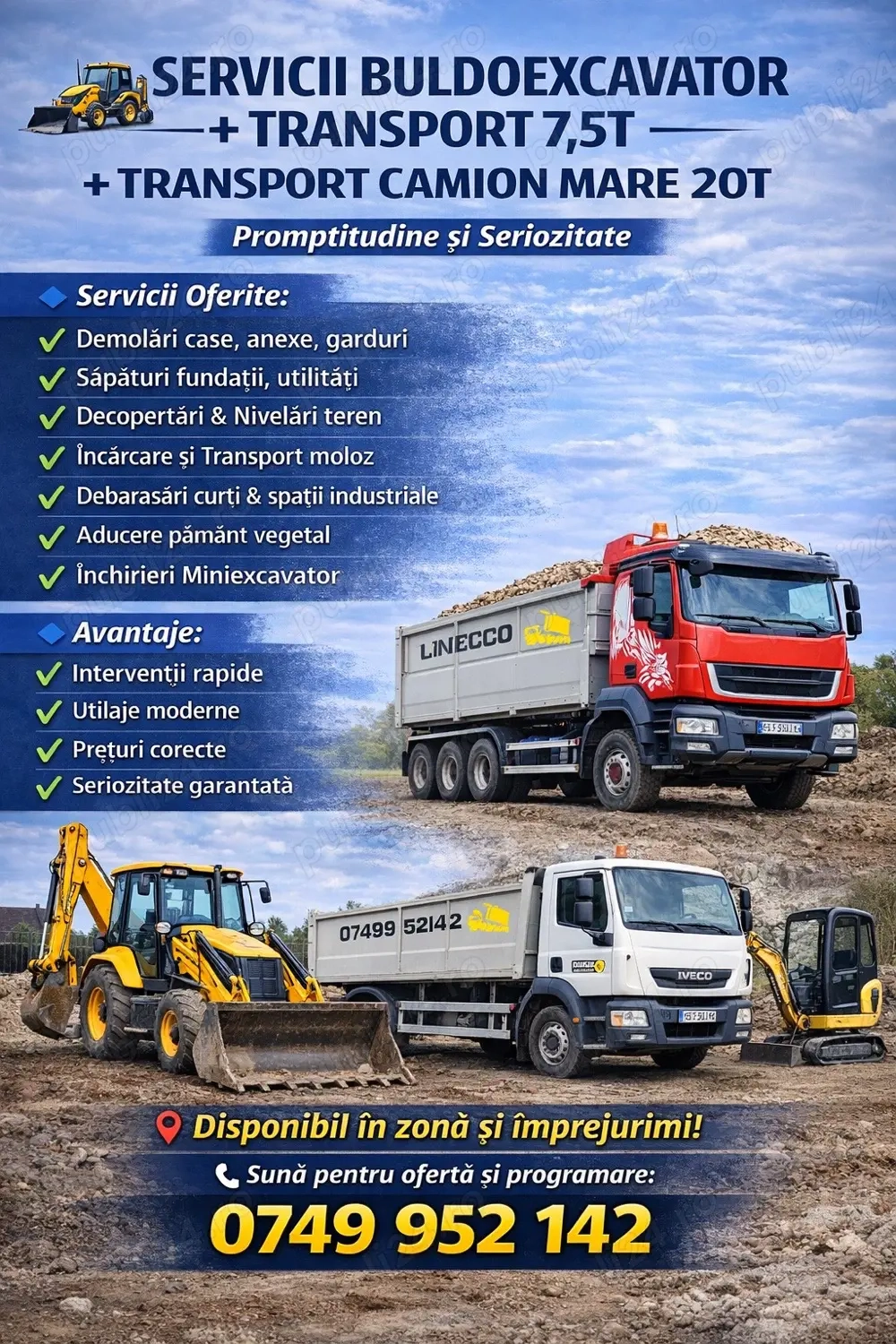 buldoexcavator si camion 7,5 de inchiriat 