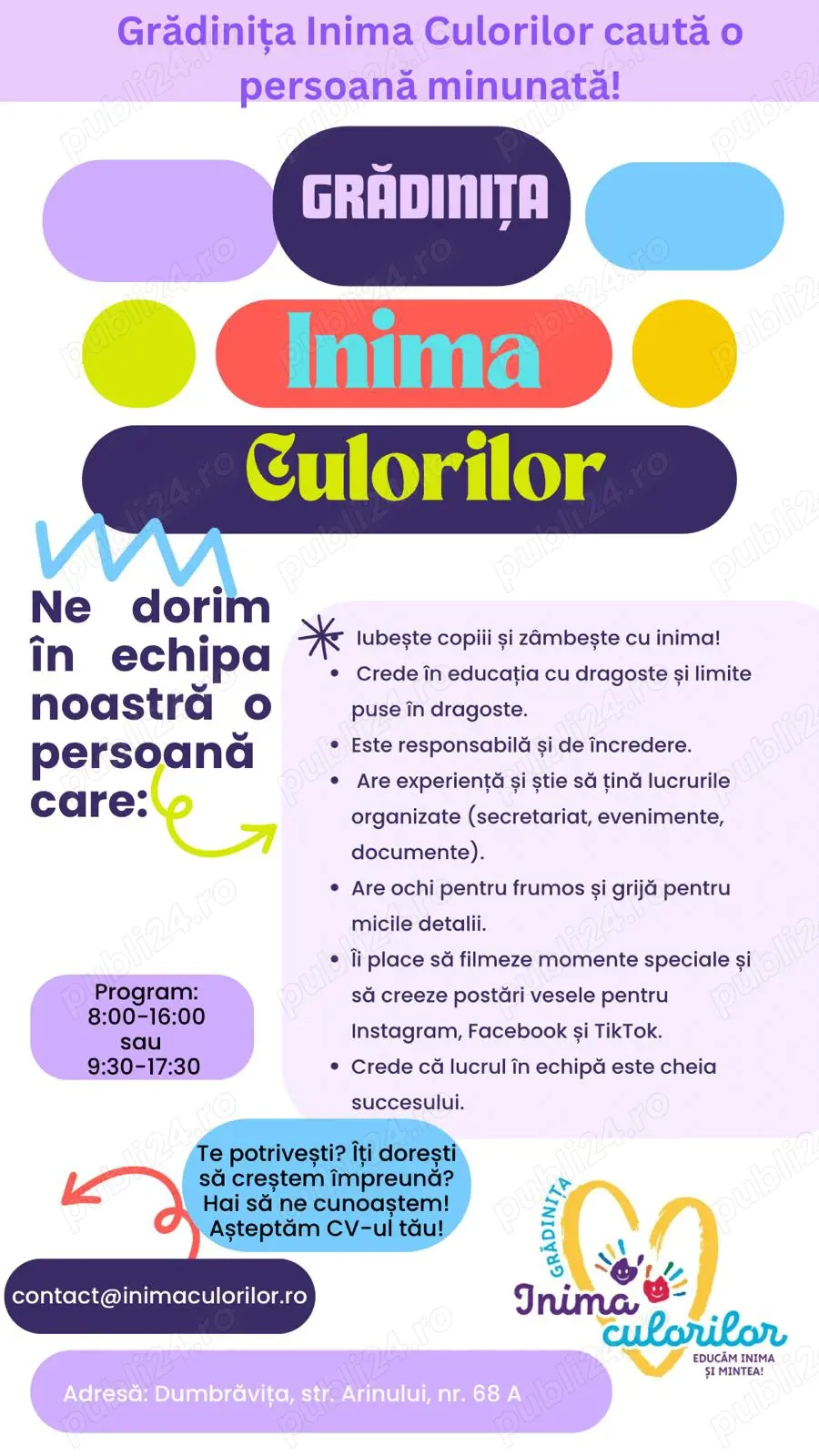 Gradinita Inima Culorilor angajeaza Secretara