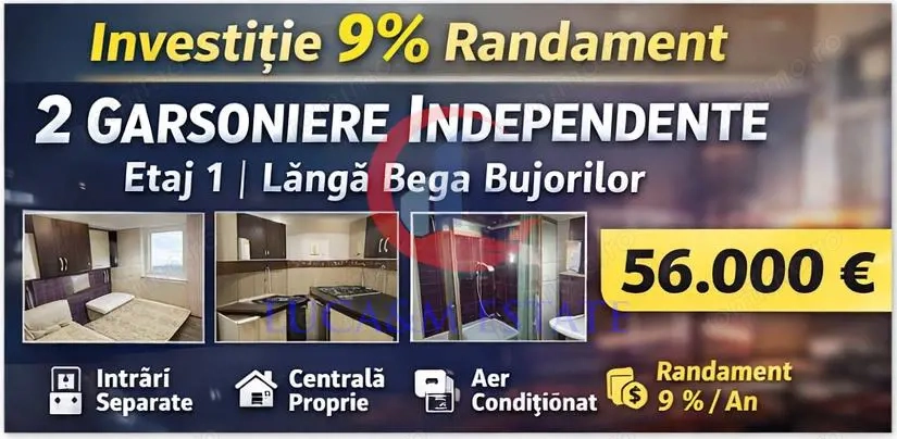 Investie sigura , 2 garsoniere independente ,Etaj 1  langa Bega Bujorilor