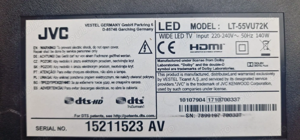 Smart TV LED JVC LT-55VU72K defect