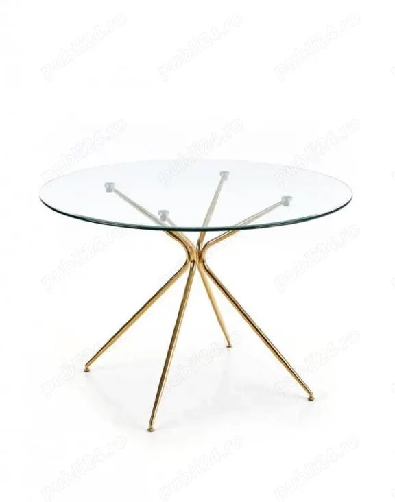 Set dining: masă rotundă din sticlă + 3 scaune catifea, picioare aurii   design modern