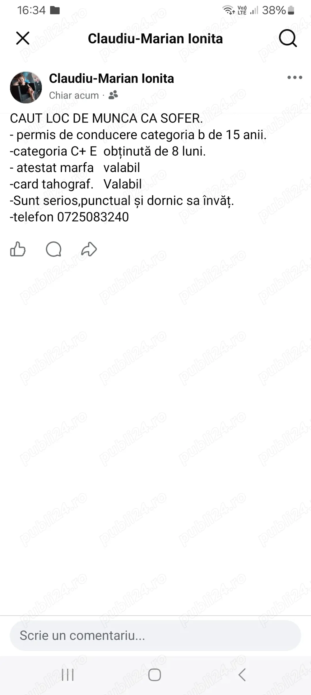 Caut loc de munca ca sofer categori B+C+E menționez C+E incepator