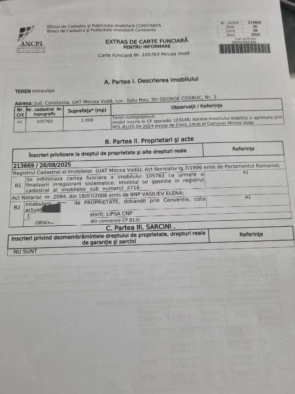 Vând teren Satu Nou 