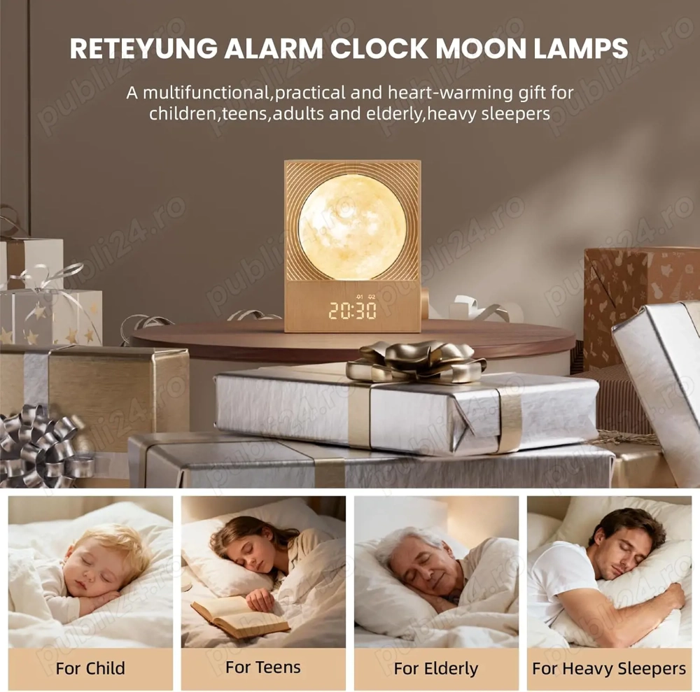 Lampă Lună Rotativă cu Alarmă Sunrise RETEYUNG