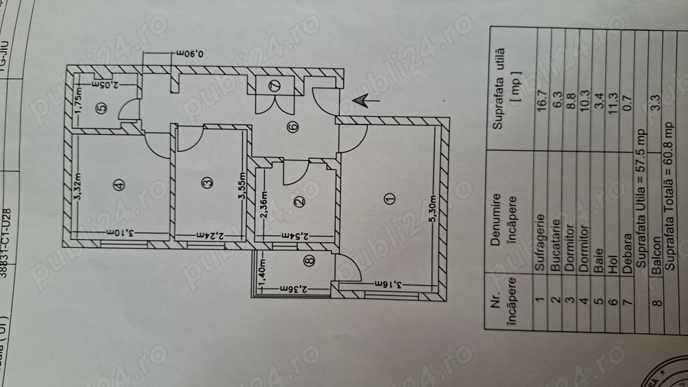 Apartament decomandat cu 3 camere, etaj 4 , zona aleea castanilor, 60.8 mp 