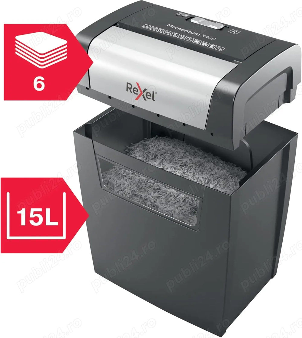 Distrugător de documente Rexel Momentum X406   Cross Cut P4, 6 coli, Coș 15L, Negru
