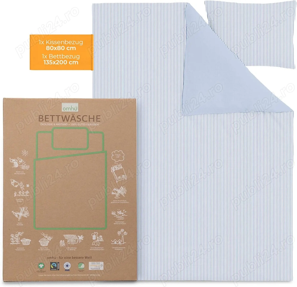 Set lenjerie de pat OMHU Renforce   135   200 cm, bumbac organic 100%, albastru deschis