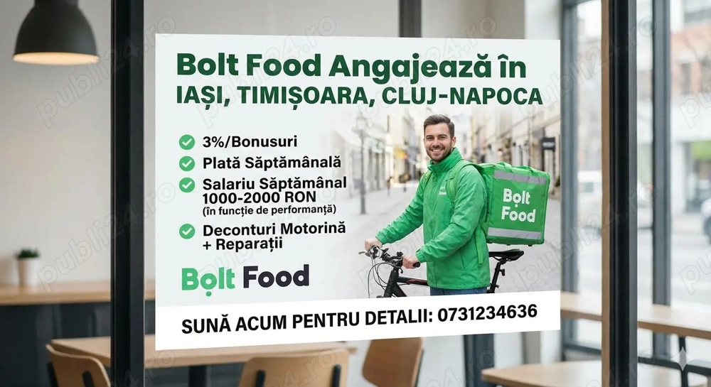 Curier Bolt Food Comision 3%. Sună și începe AZI!