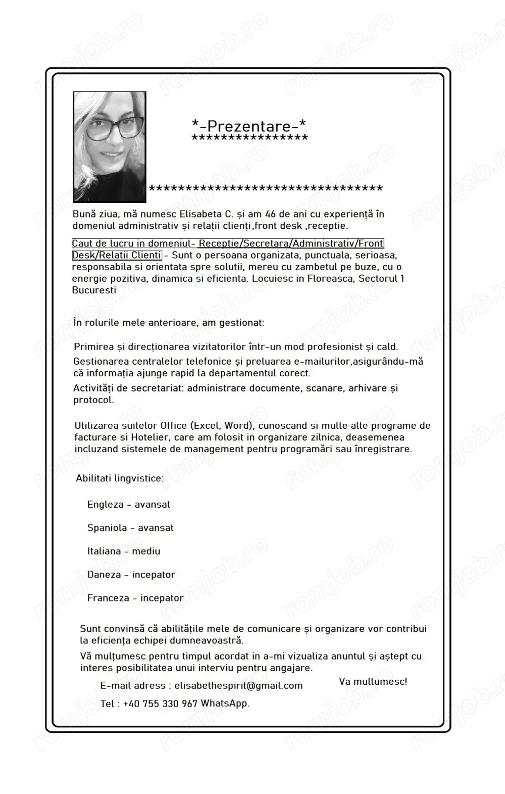 Receptie Administrativ Secretara Front Desk