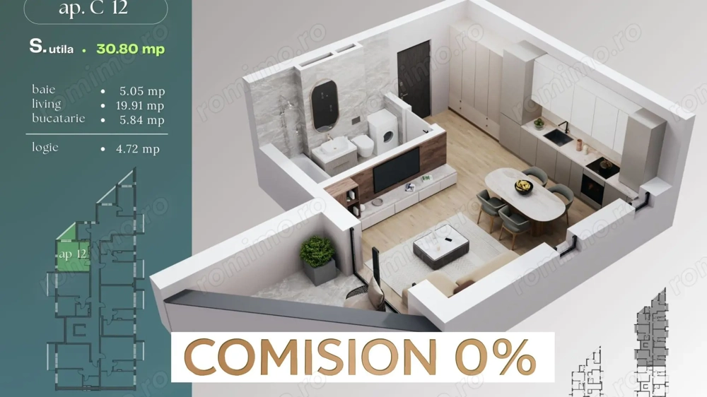 Comision 0% Apartament 1 cameră Dumbravita 30,8 mp utili