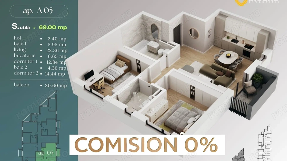 Comision 0% Apartament 3 camere | 69 mp utili | Balcon 4,31 mp | Liceul Babel