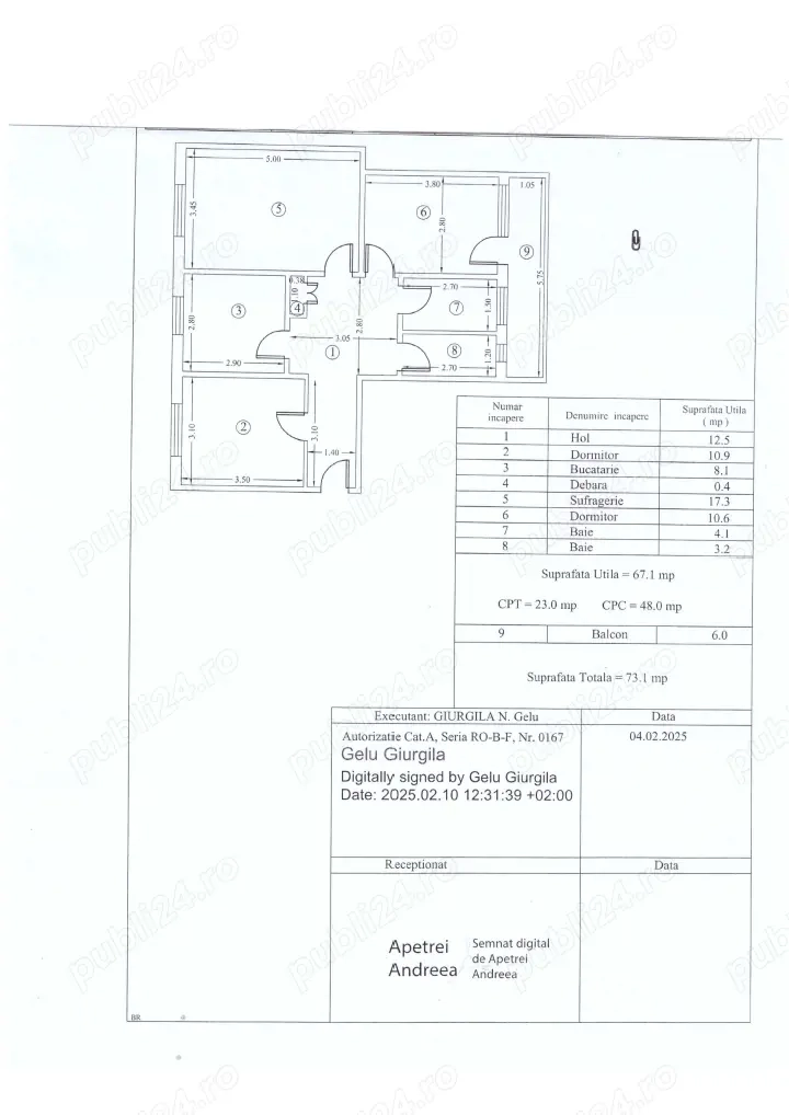 vand apartament 3 camere decomandate 65500 Euro