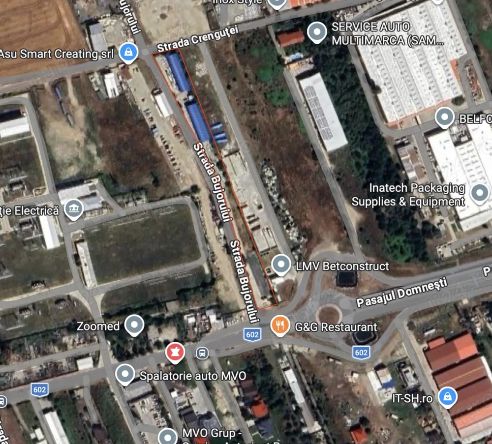 Teren 4725 mp, 2 hale  x 440 mp, 3000 mp căi betonate, trei deschideri la drumuri asfaltate