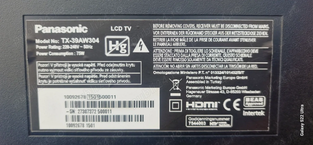 Panasonic Led Tv, modelul TX-39AW304 defect