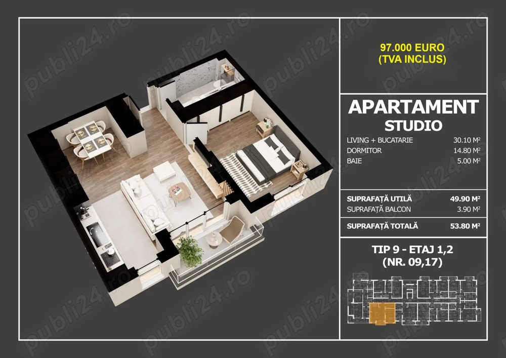 Studio modern, nou, finisaje la alegere, în Popești-Leordeni - 54 mp