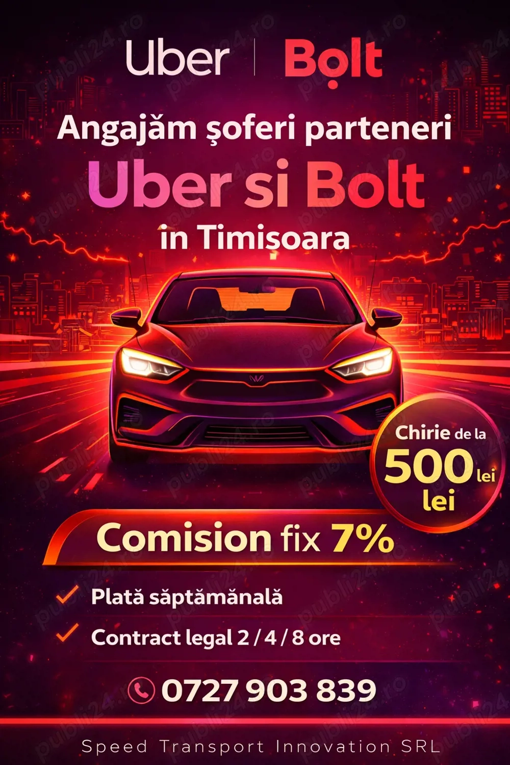 Angajăm Șoferi Uber Bolt   Comision 7% + Bonusuri!