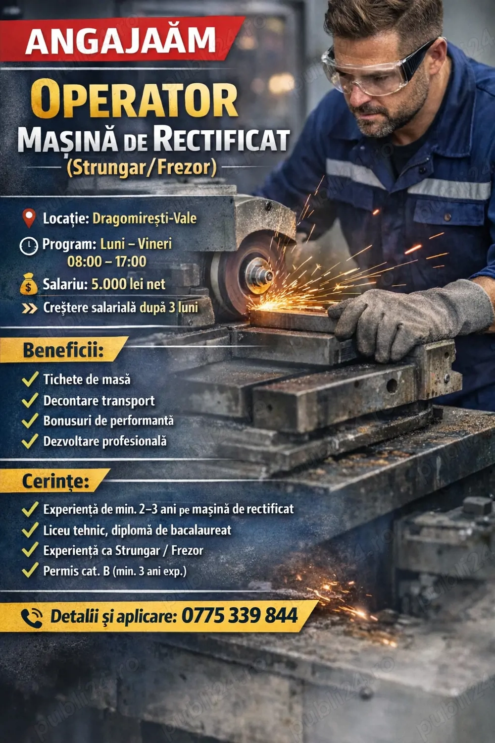 Recrutam Operator Mașină de Rectificat Strungar Frezor 