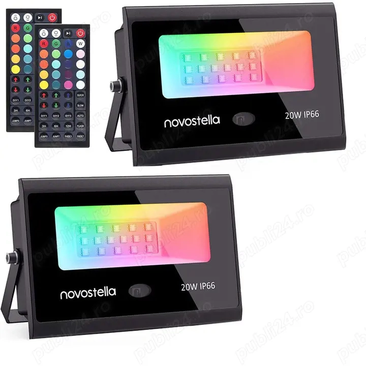Set 2 proiectoare LED RGB Novostela, 20W, lumina colorata, 2 telecomenzi, IP66, Aluminiu