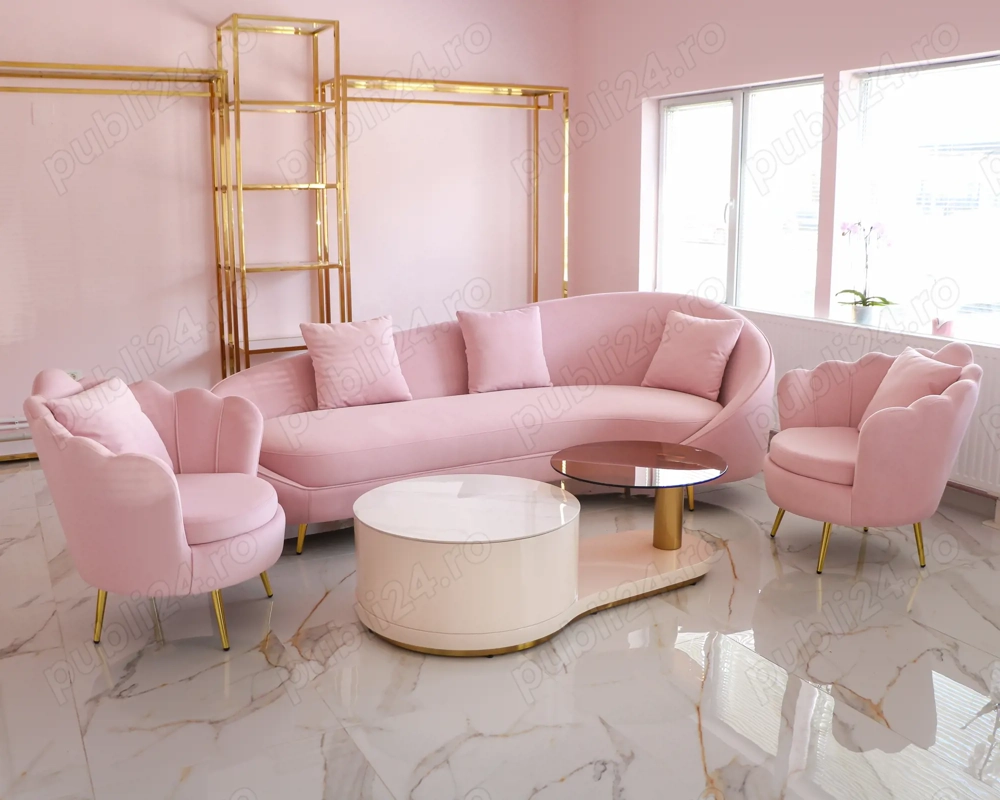 Set Canapea cu 2 fotolii Roz | Elegant si Rafinat pentru spatii de lux