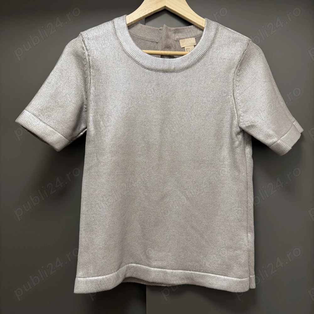 Bluză H&M cu mânecă scurtă, argintiu metalizat, mărimea 34