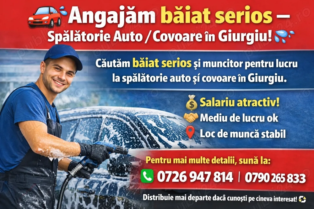 Angajăm băiat pentru spălătorie auto covoare