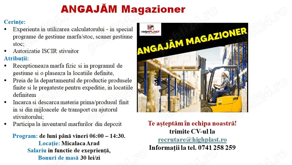 Angajam stivuitorist fabrica productie