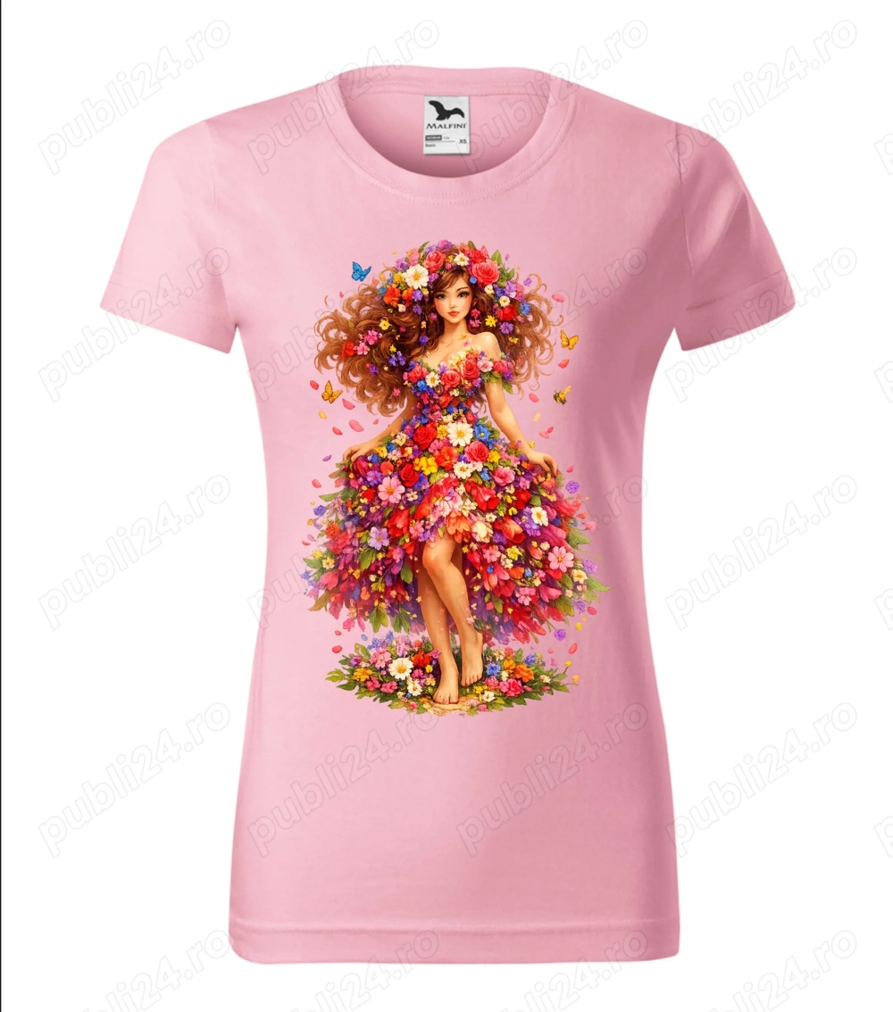 Tricou dama, roz, imprimat DFT " FATA INFLORATA  " 