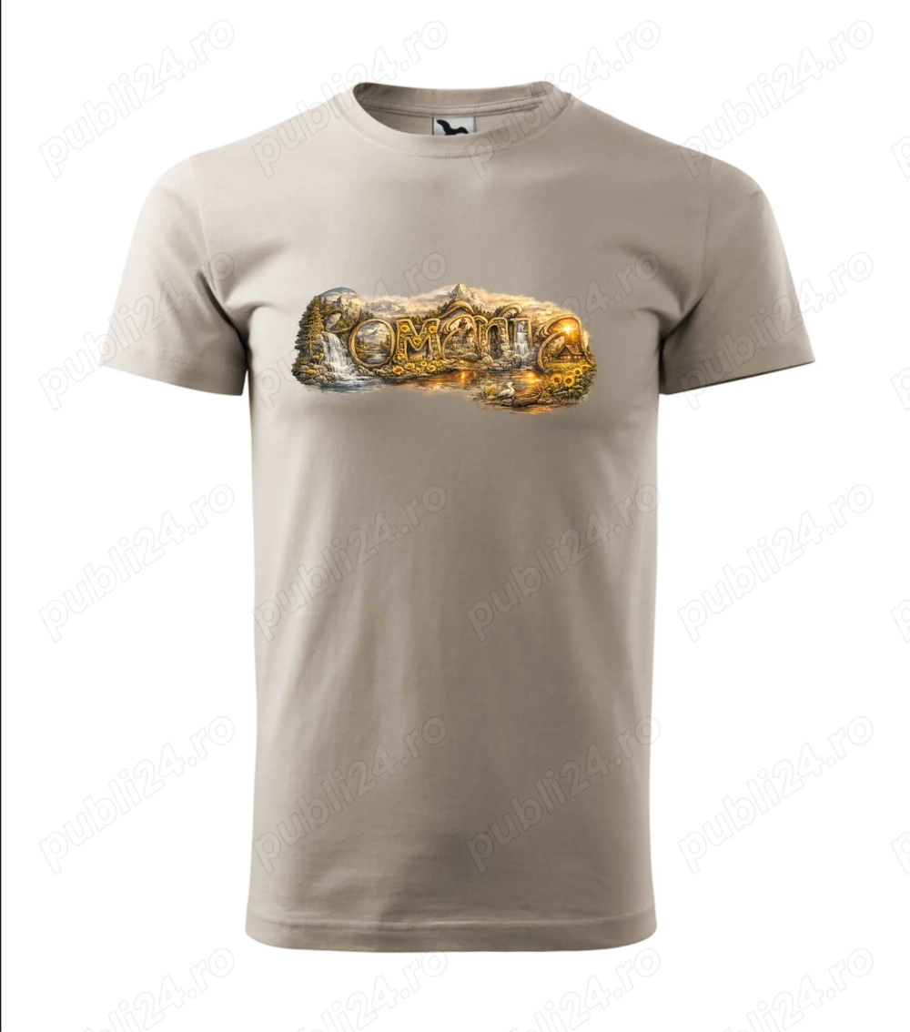 Tricou unisex,gri - ice, imprimat DFT " ROMANIA UMBLAND PRIN LITERE " 