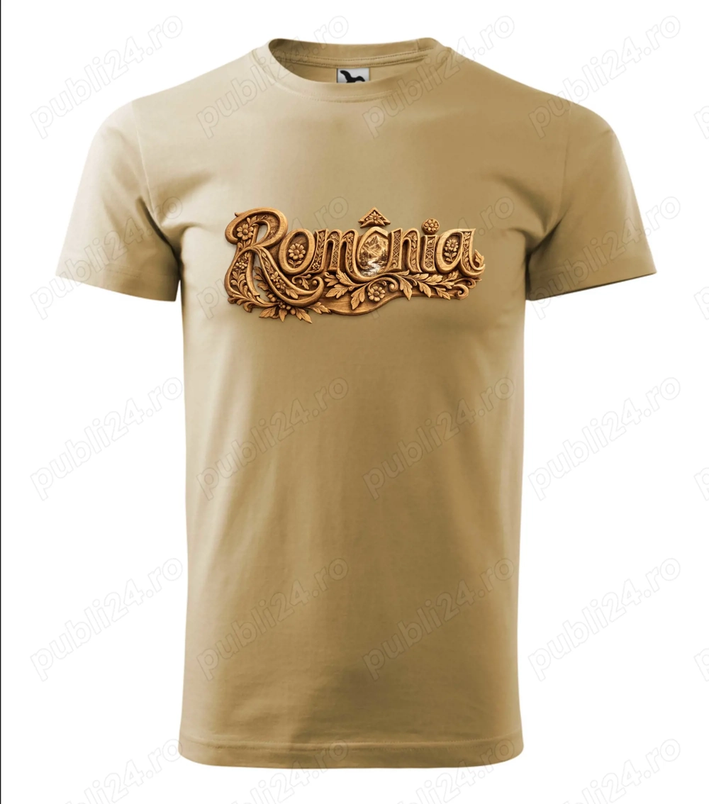 Tricou unisex, nisip, imprimat DFT " ROMANIA PE LEMN " 