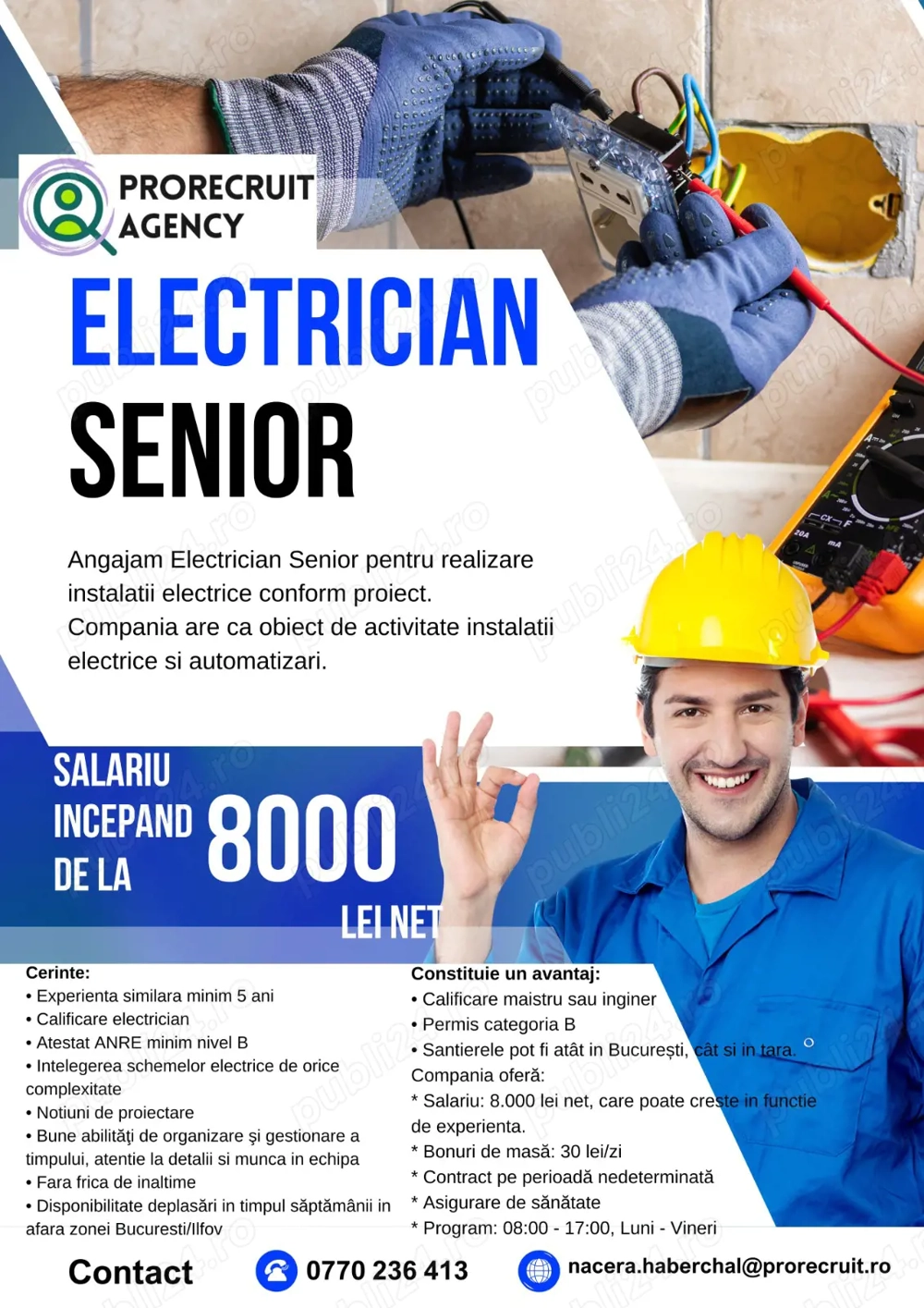 Electrician Senior -Salariu incepand de la 8000 lei net 